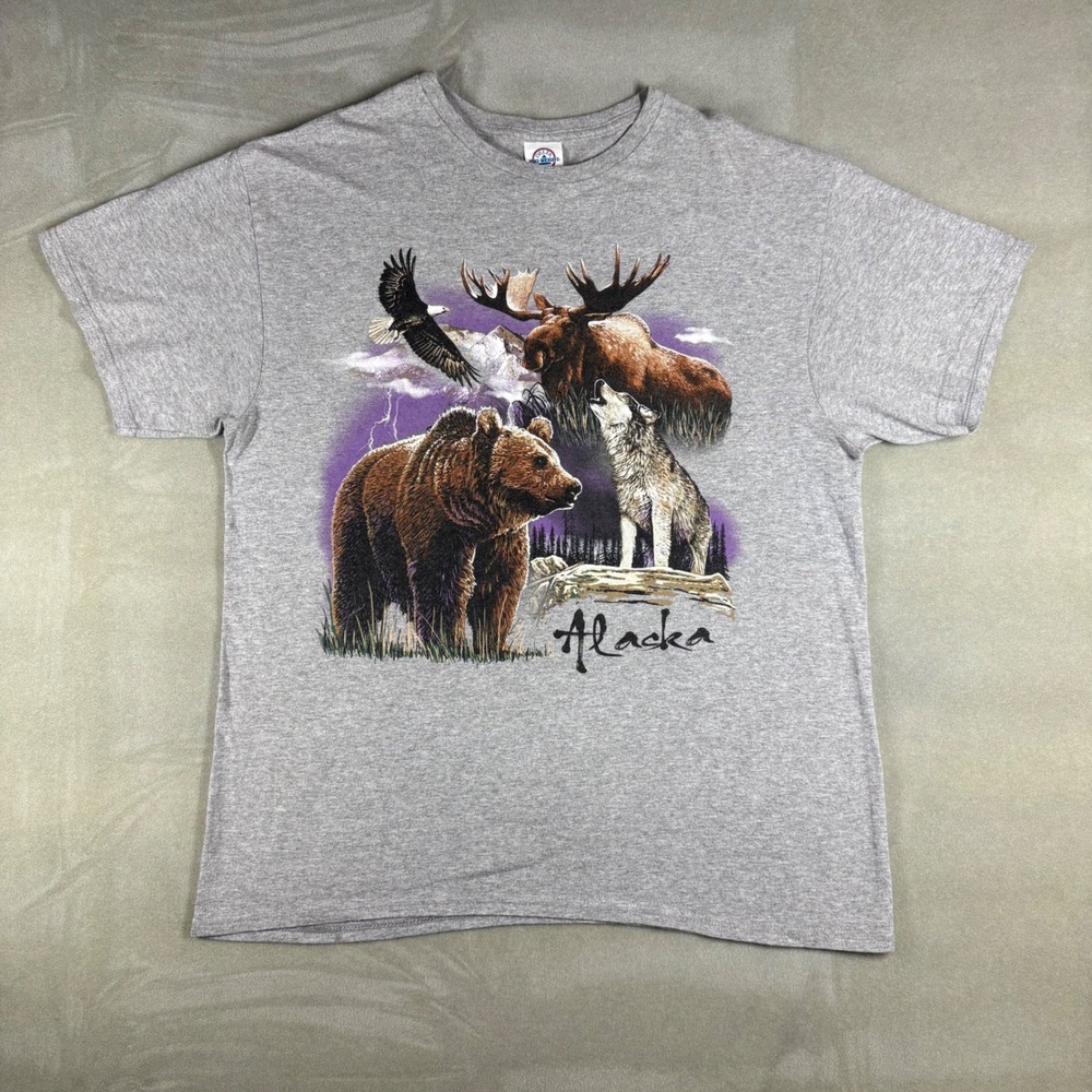 Vintage Delta Pro Weight Alaska Wildlife Graphic T-Shirt Grey Y2k Mens Large